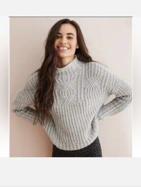 Aerie Chunky Cable Knit Mock Neck Wool Blend Sweater Gray XS
